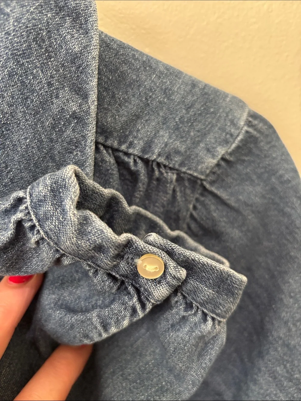 Old Navy Blue Denim Button-Front Tie-Neck Shirt - Picture 5 of 7